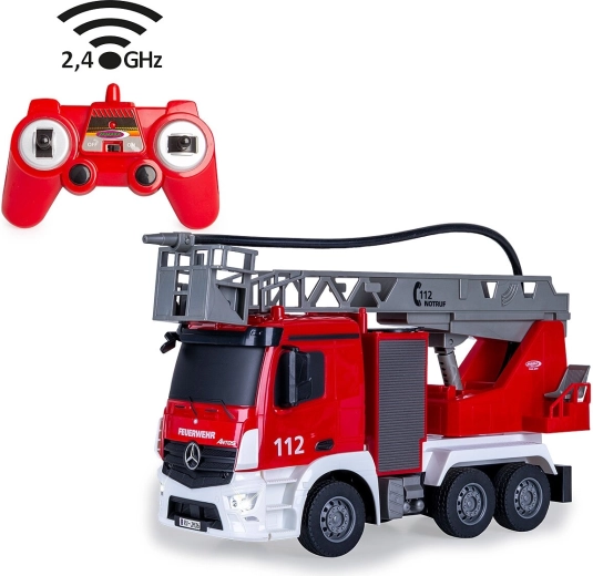 Camión de bomberos RC Mercedes-Benz Antos con escalera giratoria y función de agua 1:26
