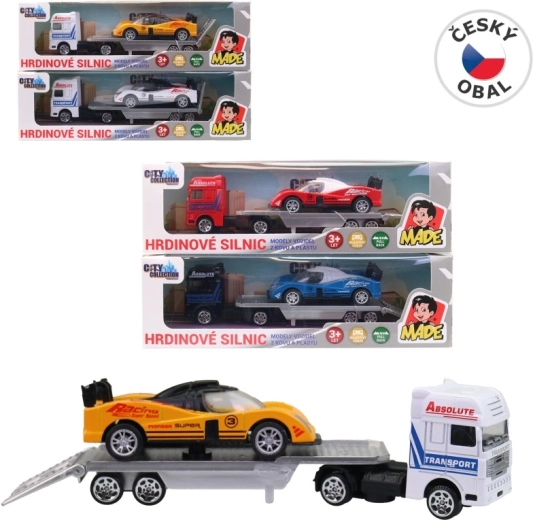 Transportador de coches con coche de carreras 18 cm
