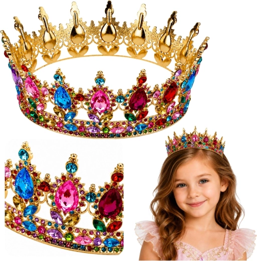 Corona metálica dorada para princesa con cristales de colores (12,5 cm)