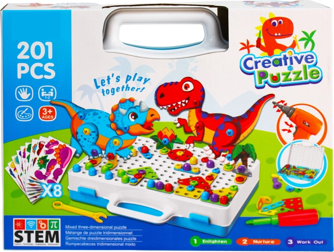 Set de construcción creativo con dinosaurios y taladro eléctrico Creative Puzzle (201 piezas)