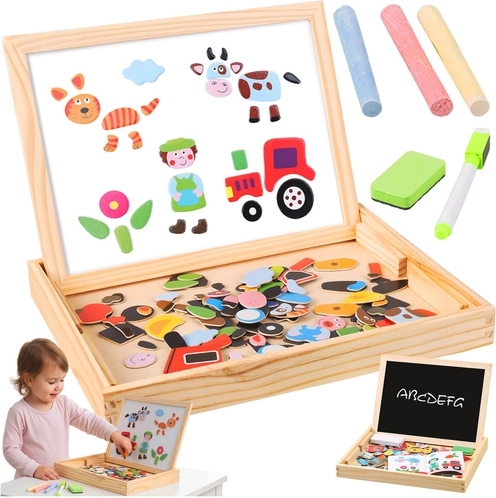 Kruzzel tablero educativo de doble cara: magnético y de tiza en caja de madera, 108 piezas