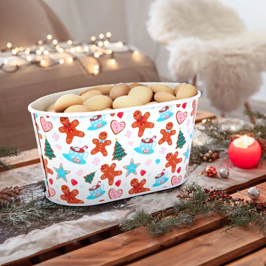 Cesta metálica navideña con motivo de pan de jengibre