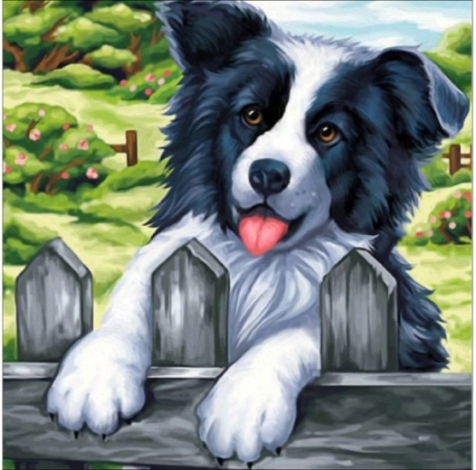 Bordado con diamantes (diamond painting) cuadro «Perro en la valla» 30 × 30 cm - 1 pieza