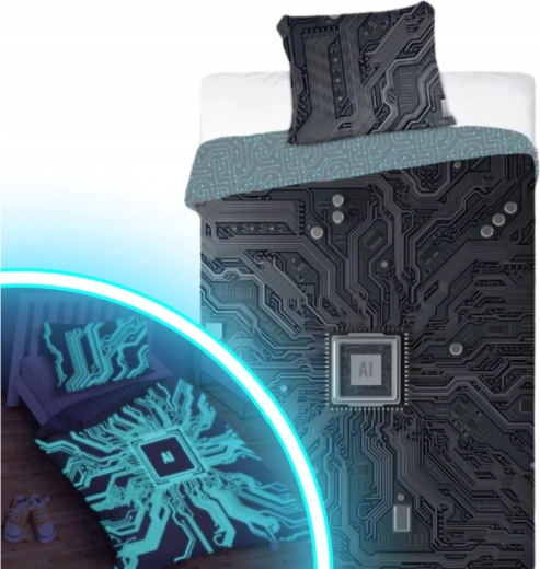 Ropa de cama de algodón luminosa con procesador de IA negra y turquesa 140 × 200 cm