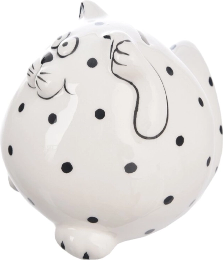 Hucha de cerámica con forma de gato con lunares blanca