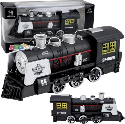 Locomotora clásica negra de vapor con sonidos, humo y sensor de obstáculos