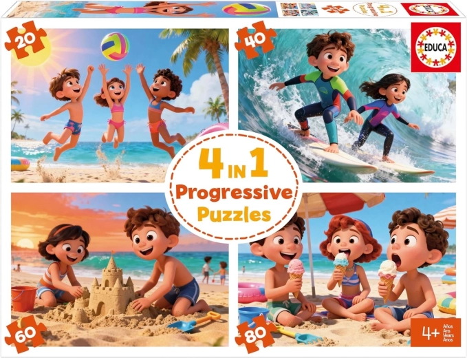 Puzles infantiles EDUCA Playa 4 en 1 – montaje progresivo (20–80 piezas)