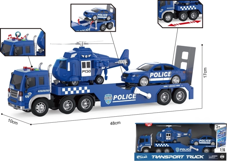 Camión de remolque policial 1:16 con luces, sonidos, coche y helicóptero