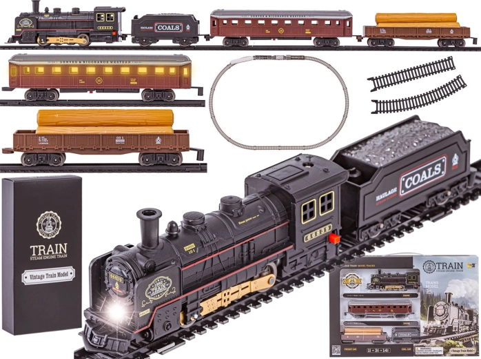 Ferrocarril eléctrico con locomotora de vapor y 3 vagones