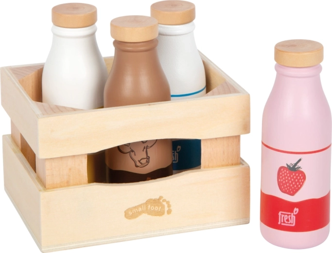 Small foot caja de madera con bebidas lácteas