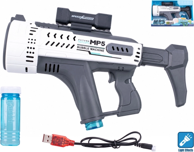 Pistola de pompas blanca estilo MP5 con efecto luminoso 44 cm