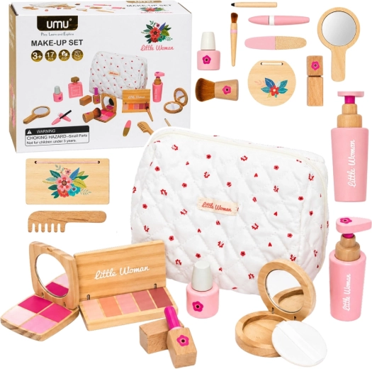 Set de cosméticos de madera para niños con neceser blanco, 17 piezas