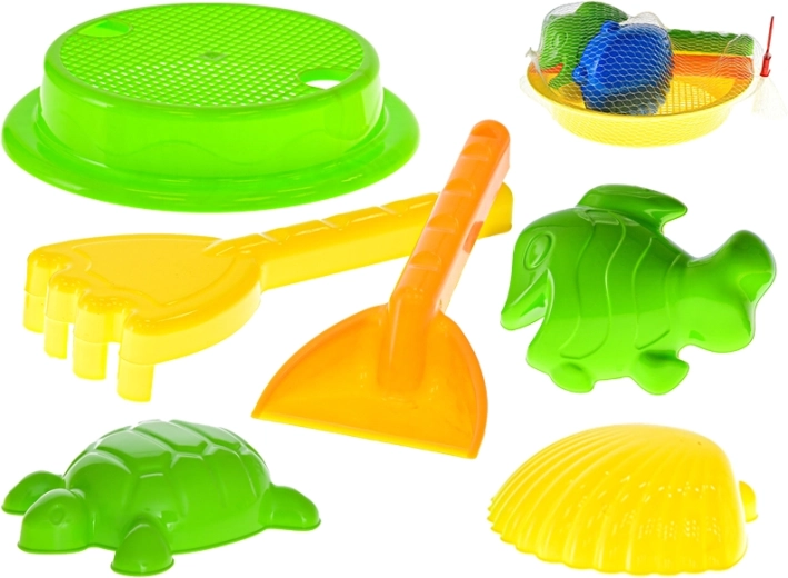 Set infantil de arena con tamiz, pala, rastrillo y moldes (en bolsa de malla)