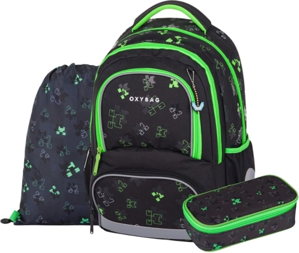 Set escolar OXY NEXT Green Cubes: mochila, estuche y bolsa