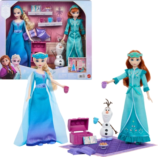Mattel Disney Frozen Fiesta de pijamas – set de muñecas Anna y Elsa con Olaf y accesorios