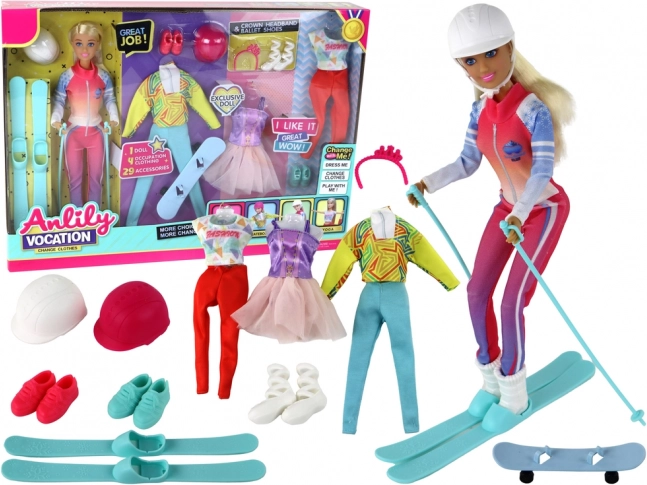 Muñeca Anlily set deportivo 4 actividades: esquí, snowboard, yoga y ballet con accesorios
