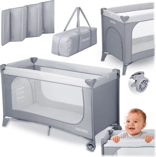 Cuna de viaje Ricokids con colchón y bolsa de transporte, gris claro