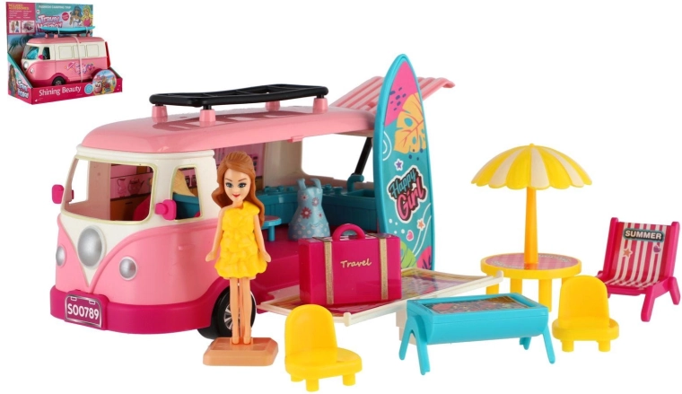 Caravana rosa para niños con tabla de surf y accesorios