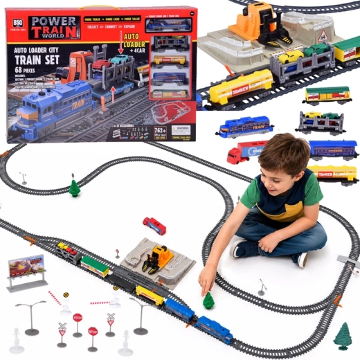 Circuito de tren eléctrico con portacoches, 4 cochecitos y estación de carga (vía de 762 cm)