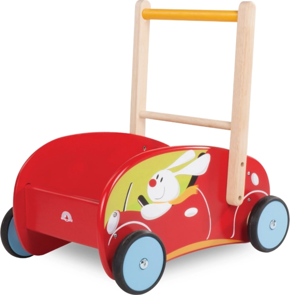 Andador infantil de madera con forma de coche rojo