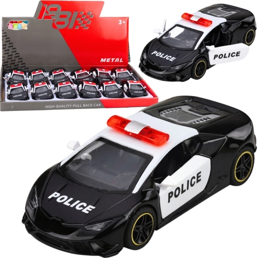 Coche deportivo policial metálico con propulsión de cuerda pull-back 1:43