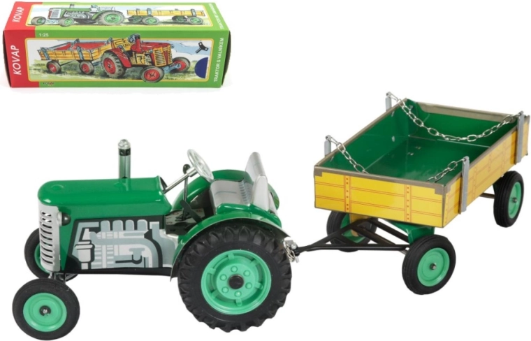 Tractor Zetor con remolque a cuerda de metal 28 cm KOVAP – Verde