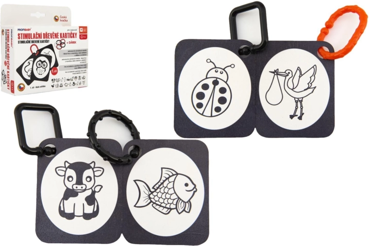Tarjetas estimulantes de madera para reconocer animales en blanco y negro en una caja