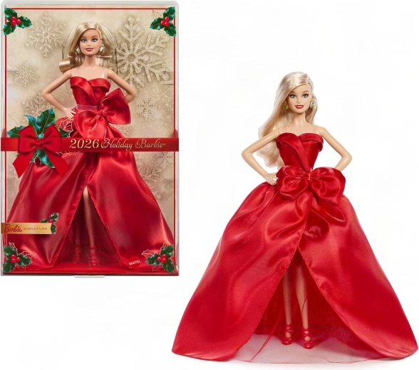 Muñeca coleccionable festiva Barbie Signature 2026 rubia con vestido rojo