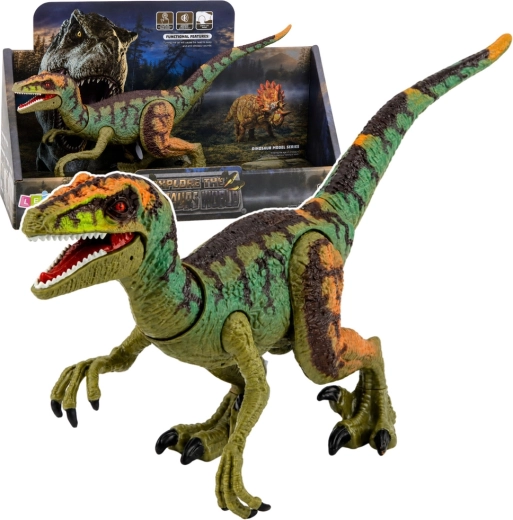 Figura realista de dinosaurio Velociraptor con sonidos y extremidades móviles
