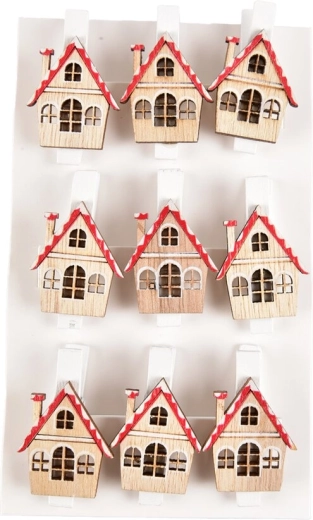 Pinzas de madera con casita roja 3 cm, 9 uds