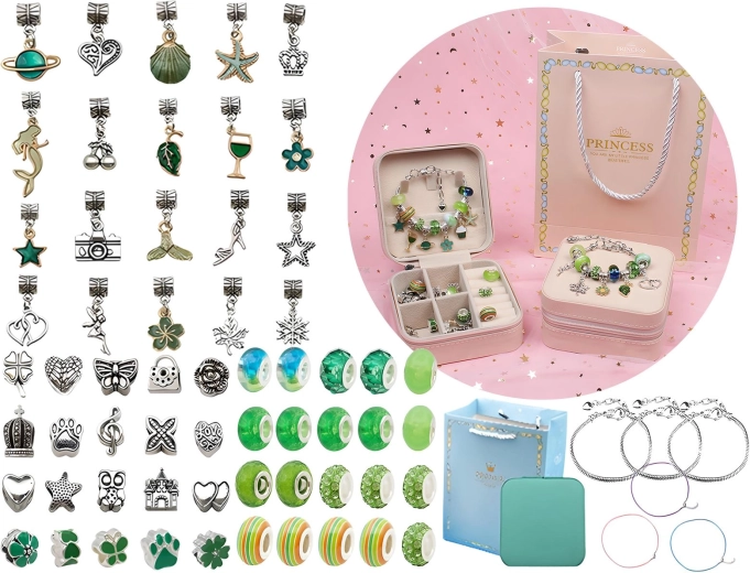 Set para hacer joyas y pulseras con cuentas y colgantes en tonos verdes + estuche