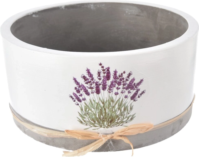 Maceta de hormigón blanca con motivo de lavanda
