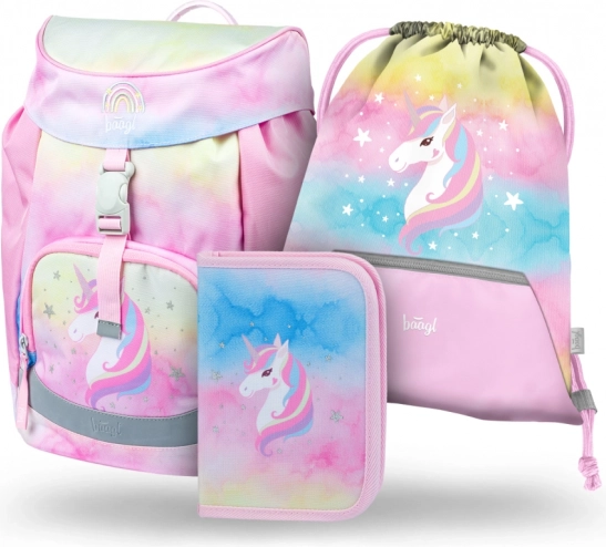 Set escolar BAAGL Airy Rainbow Unicorn – mochila, estuche y bolsa