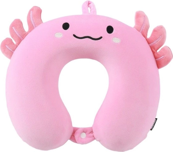 Almohada de viaje tipo herradura rosa con axolote