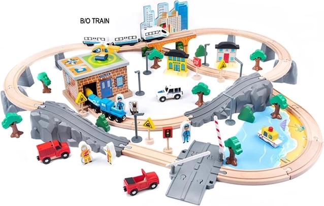 Ferrocarril de madera con batería, 95 piezas