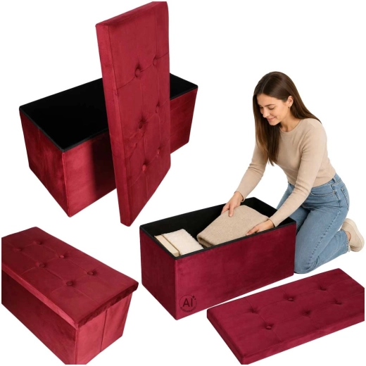 Banco/puf de terciopelo plegable con espacio de almacenamiento burdeos 77 × 38 × 37 cm - 1 pieza