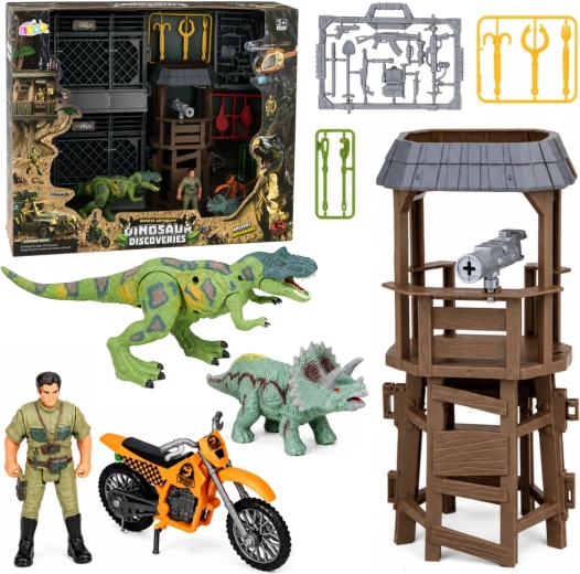 Base de investigación de dinosaurios con torre, jaulas, figuras y accesorios