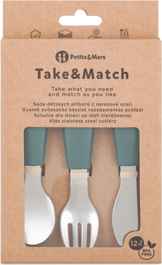 Petite&Mars juego de cubiertos infantiles de acero inoxidable Take&Match misty green 12m+