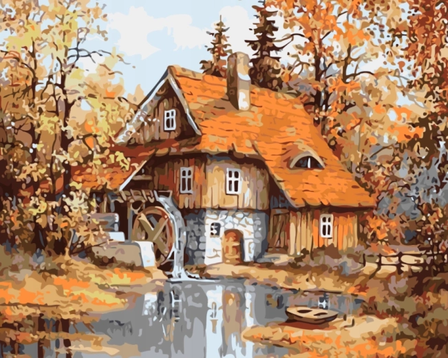 NORIMPEX Pintura por números Molino en el bosque junto al estanque 40 × 50 cm