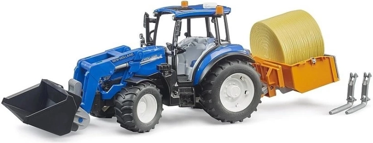Bruder tractor NEW HOLLAND T5.120 con cargador frontal, caja, horquillas y fardo de heno