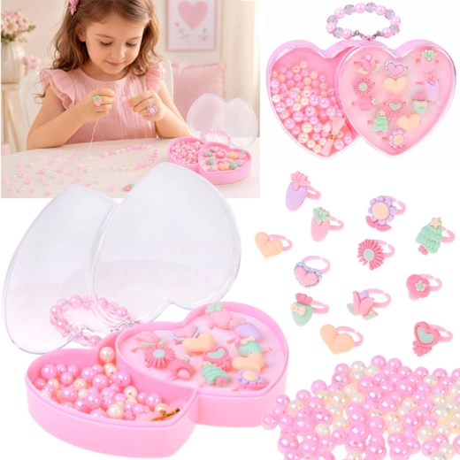 Set infantil para hacer bisutería con 12 anillos y estuche con forma de corazón