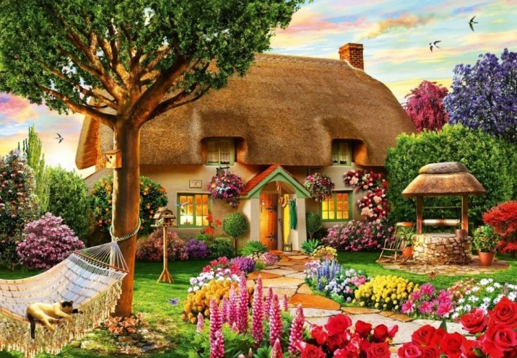 Puzzle Bluebird Cabaña con techo de paja 1000 piezas