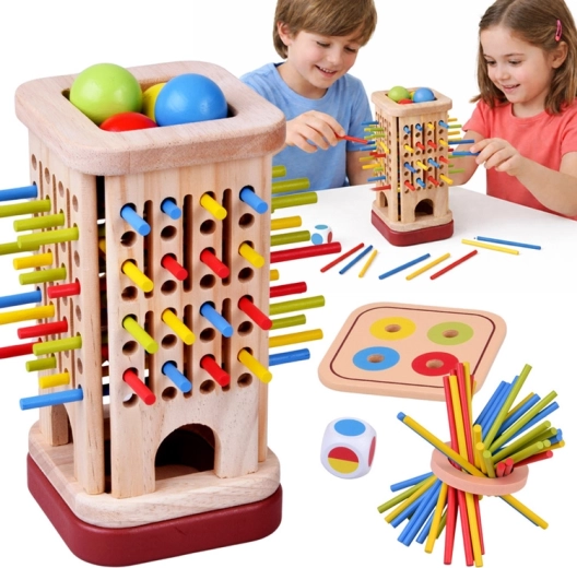 Juego de destreza de madera con varillas y bolitas de colores