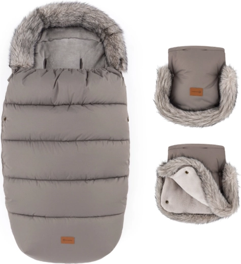 Petite&Mars set de invierno: saco Comfy 4en1 y manoplas para cochecito Furry mocha mousse