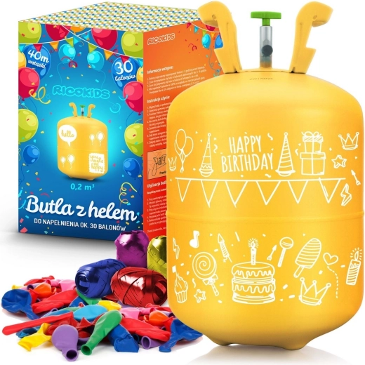Botella de helio 0,20 m³ con globos y cinta Ricokids