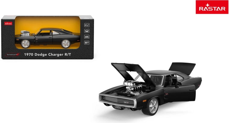Modelo de coche metálico Rastar 1970 Dodge Charger R/T 1:36 negro