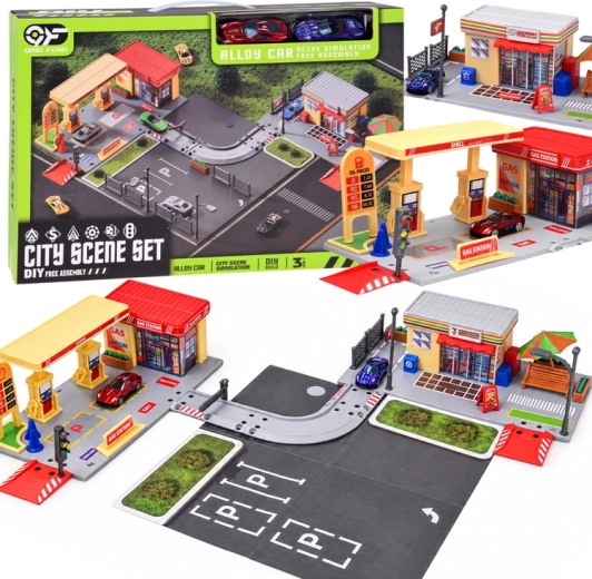 Estación de servicio infantil con tienda, carretera, aparcamiento y 2 coches