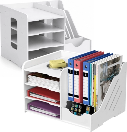 Organizador de escritorio de madera para documentos y archivadores, blanco