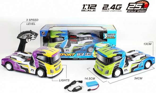 Camión de carreras R/C 1:12 con tres velocidades