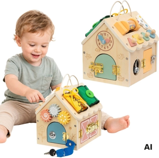 Tooky Toy casita de madera manipulativa con actividades y cerraduras